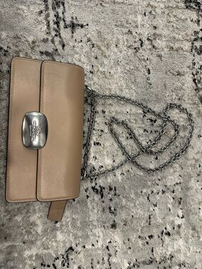 Coach Pebble Leather Chain Crossbody in Beige Taupe with Silver Hardware